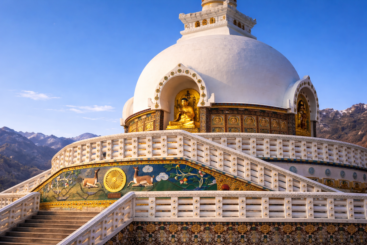 Shanti Stupa สถูปพุทธสีขาวบนเนินเขาในย่าน Chanspa