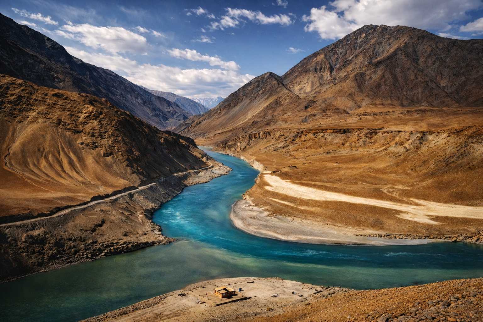 แม่น้ำ Indus และ Zanskar (Sangam) จุดบรรจบของแม่น้ำสองสายที่มีสีแตกต่างกันอย่างชัดเจน เกิดเป็นภาพธรรมชาติที่สวยงามและโดดเด่น