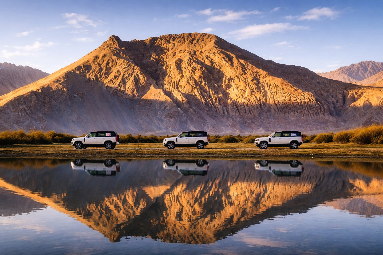 Pangong Lake โดยระหว่างทางผ่าน Chang La Pass เส้นทางภูเขาสูงของลาดักห์ และ Shyok Valley หุบเขากว้างริมแม่น้ำ ก่อนผ่านหมู่บ้าน Durbuk และ Tangtse ซึ่งเป็นชุมชนเล็ก ๆ ระหว่างทางเข้าสู่โซนทะเลสาบ